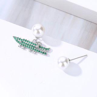 925 Sterling Silver Asymmetric Rhinestone Crocodile Earring Crocodile - Green - One Size