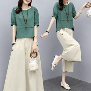 Set: Puff-sleeve Top + Wide-leg Cropped Linen Pants