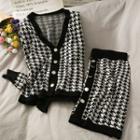 Set: Houndstooth Button-down Knit Top + Mini Skirt Black - One Size