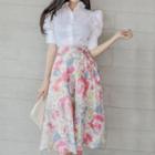 Set: Short-sleeve Plain Shirt + Floral Print Midi A-line Skirt