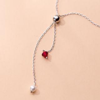 925 Sterling Silver Faux Pearl Faux Crystal Pendant Necklace S925 Silver - Necklace - Red & Silver - One Size