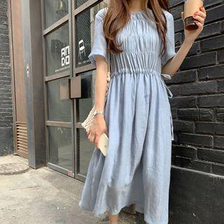 Drawstring Short-sleeve Midi A-line Dress Sky Blue - One Size