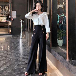 Set: Long-sleeve Chiffon Blouse + Wide Leg Pants