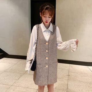 Plain Shirt / Plaid V-neck Pinafore Dress