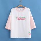 Color-block Sleeve Strawberry Print Tee As Shown In Figure - One Size
