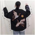 Crane Embroidery Open Front Jacket