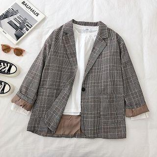 Color-block Plaid Long-sleeve Blazer