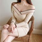 Long-sleeve Off Shoulder Mini Knit Sheath Dress
