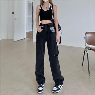 High-waist Zebra Distressed Jeans