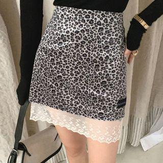 Leopard Print Lace Trim Mini Pencil Skirt