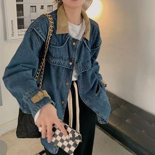 Contrast Collar Denim Jacket Dark Blue - One Size