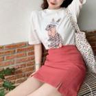Short-sleeve Rabbit Applique T-shirt / Pleated Mini Skirt