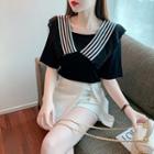 Elbow-sleeve Striped Collar Blouse