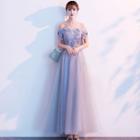 Short-sleeve Off-shoulder Embellished A-line Gown