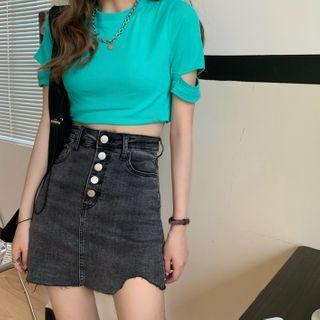 Washed Distressed A-line Denim Skirt