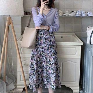 Set: Plain Cardigan + Floral Print A-line Skirt