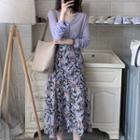 Set: Plain Cardigan + Floral Print A-line Skirt