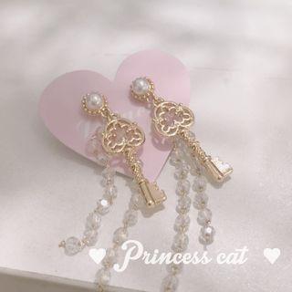 Faux Pearl Key Fringed Earring 1 Pair - Earring - Tassel - Key - One Size