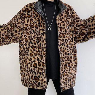 Two-way Faux-leather Leopard Fleece Jacket