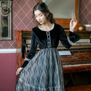 Velvet Long-sleeve Panel Mesh Midi A-line Dress