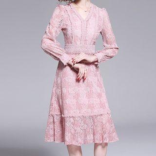 Long-sleeve Fringed A-line Lace Dress