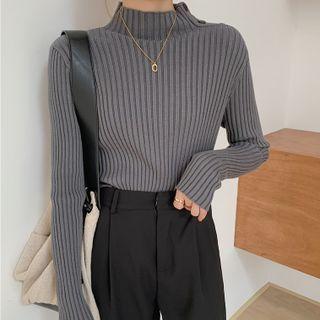 Mock-neck Button-up Ribbed Knit Top