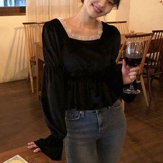 Square-neck Mesh Panel Velvet Blouse