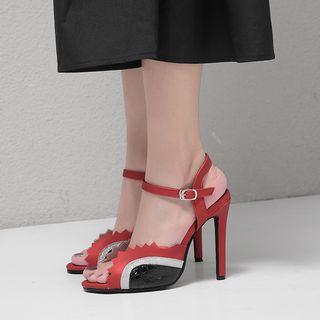 Faux Leather Panel Peep-toe High-heel Sandals