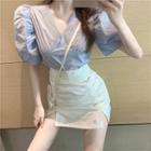 Color-block Plaid V-neck Short-sleeve Blouse / Frilled High-waist Skirt