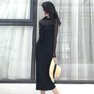 Plain Long Sleeve Sheer T-shirt / Strapless Midi Knit Dress