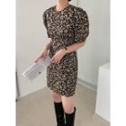 Puff-sleeve Floral Print Dress Black - One Size