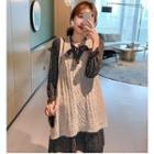 Cable-knit Vest / Plaid Long-sleeve A-line Dress