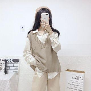 Plain Shirt / Knit Vest / Crop Harem Pants