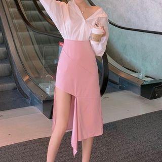 Plain Shirt / Asymmetric Midi A-line Skirt