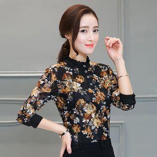 Frilled Neck Floral Long-sleeve Blouse