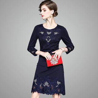 3/4-sleeve Embroidery Cutout Dress