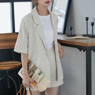 Set: Single-button Elbow-sleeve Blazer + High-waist Shorts