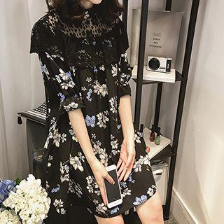 Elbow-sleeve Lace Panel Floral Dress