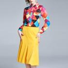 Color Block Shirt / Ruffle Hem Pencil Skirt / Set