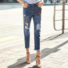 Slim-fit Distressed Feather Embroidered Jeans