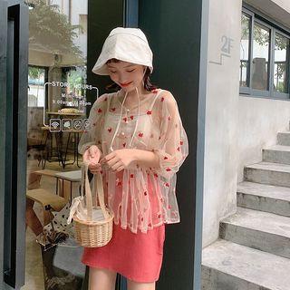 High-waist Slim-fit Skirt / Set: Embroidered Lantern Sleeve Sheer Top + Camisole Top