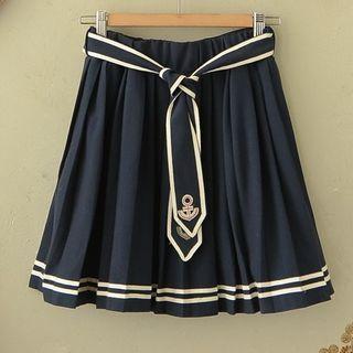 Anchor Embroidered Tie-waist Pleated Mini Skirt Navy Blue - M