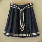 Anchor Embroidered Tie-waist Pleated Mini Skirt Navy Blue - M