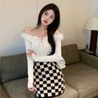 Off Shoulder Plain Drawstring Top / High-waist Plaid Two Tone Mini Skirt