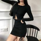 Set: Long Sleeve Cropped Cardigan+ Side-strings Ruched Bodycon Mini Skirt