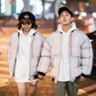 Couple Matching Applique Striped Trim Padded Zip Jacket