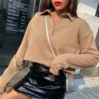 Long Sleeve Plain Crop Polo Sweatshirt
