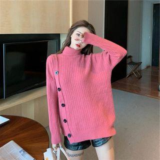 Mock Neck Asymmetric Button Accent Knit Top