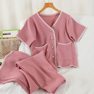 Set: Short-sleeve Cardigan + Wide-leg Pants