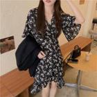 Bell Elbow-sleeve V-neck Tie Waist Floral Print Mini Dress Black - One Size